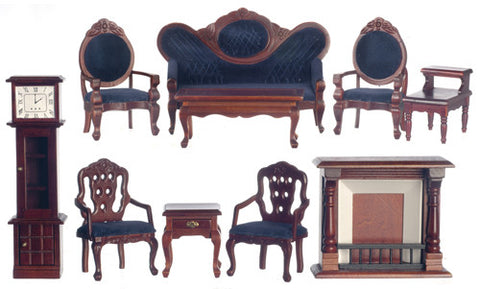 Victorian Living Room Set of 10 - Mahogany with Dark Navy